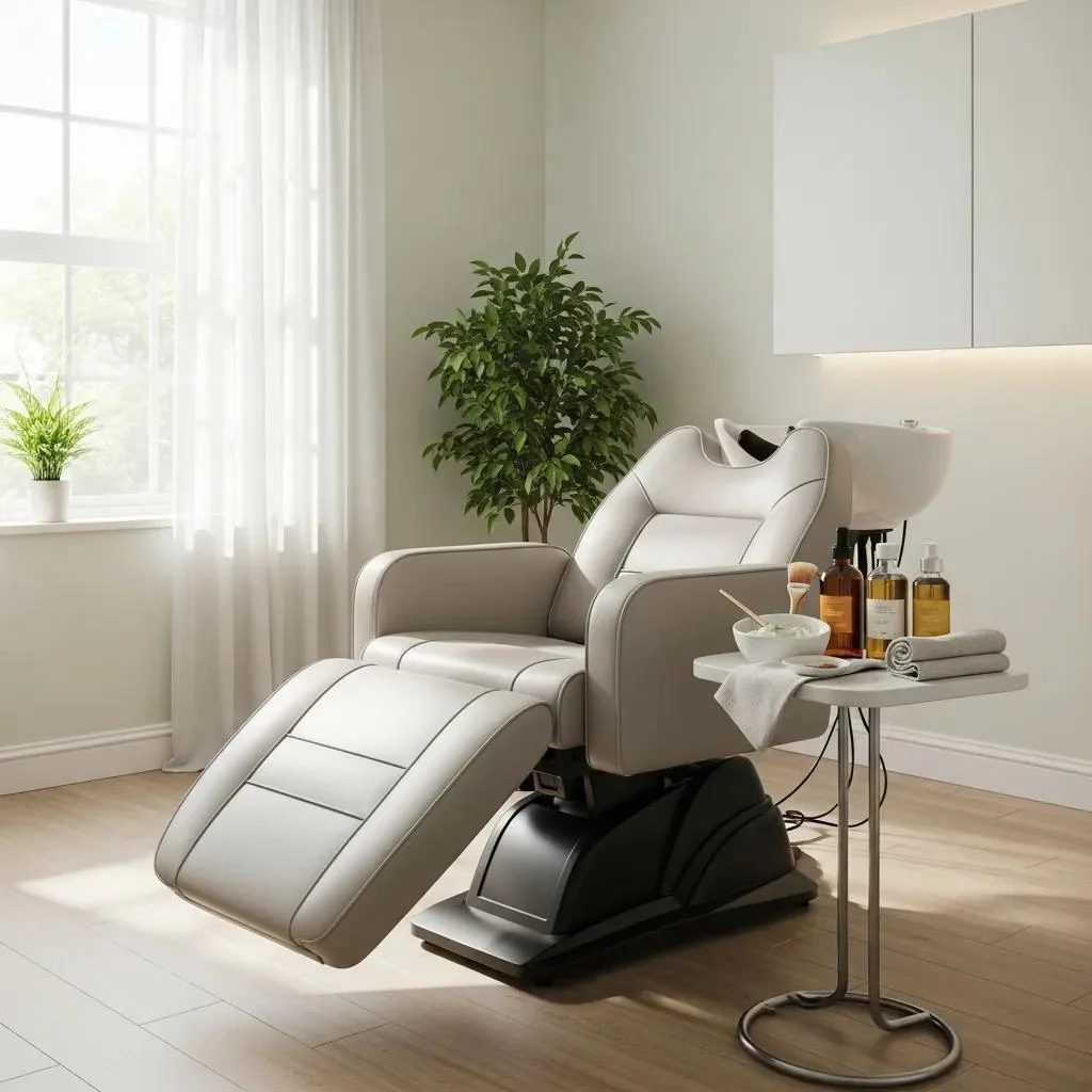 A calm, light treatment room with a reclining salon chair